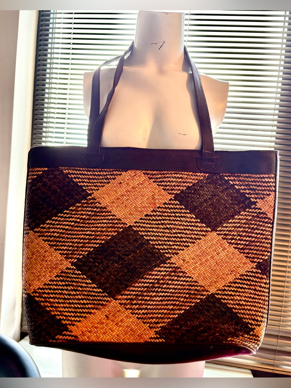 San Diego hat company Woven Diamond-Pattern Tote Bag in Brown and Tan